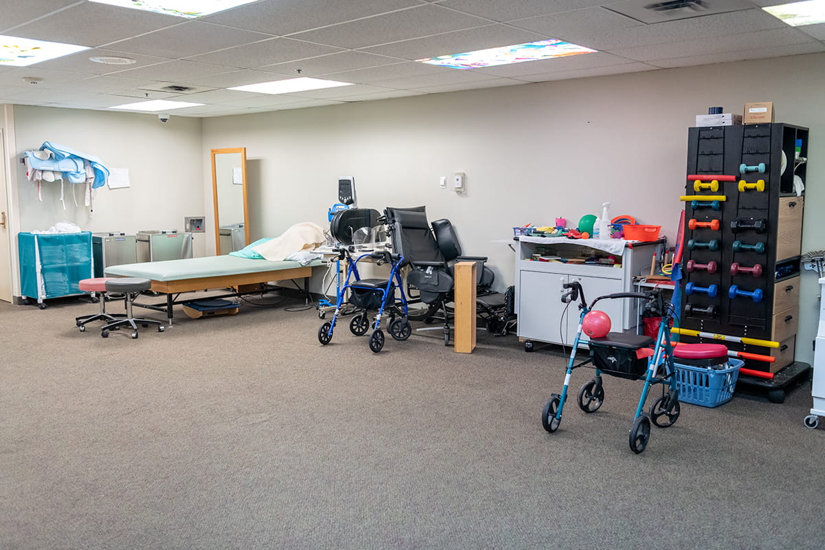 Spacious and well-equipped therapy area for physical and occupational therapies.